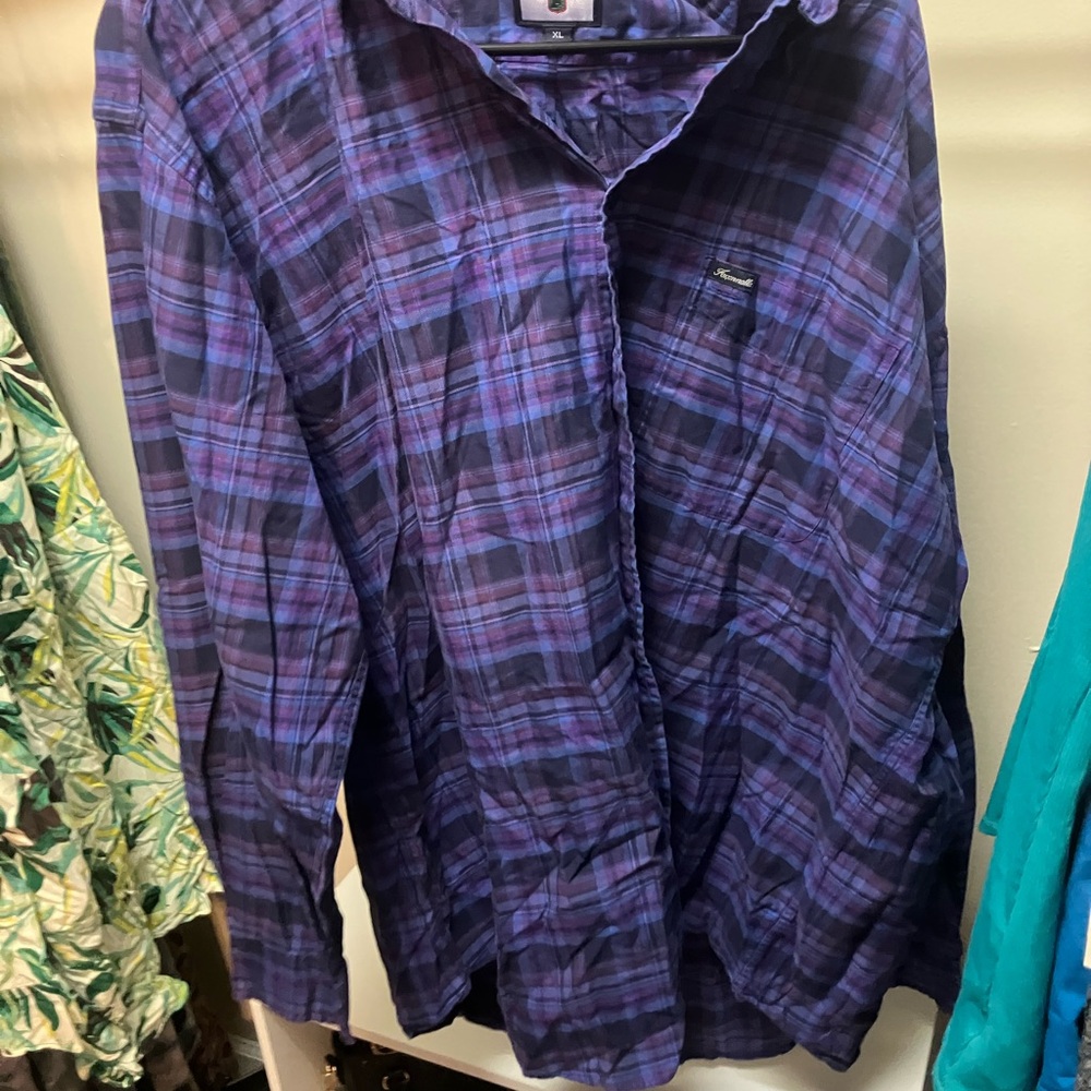 Faconnable Men's Blue and Purple Plaid Shirt